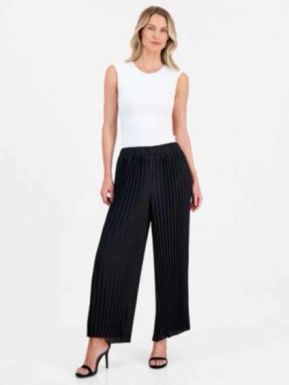 DKNY black pleated wide-leg crop pants  comfortable elastic waist XS